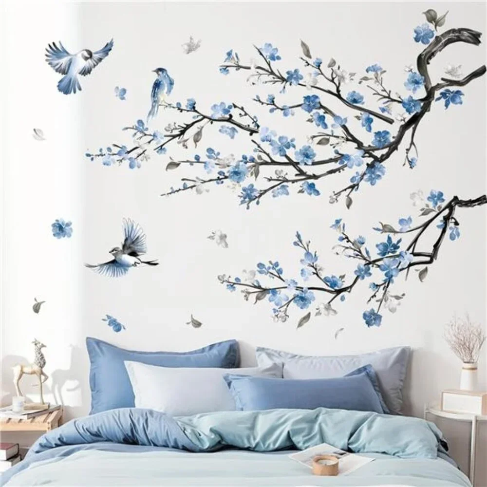 Blue Flower Wall Decals Watercolor Tree Branch Floral Stickers Bedroom Living
